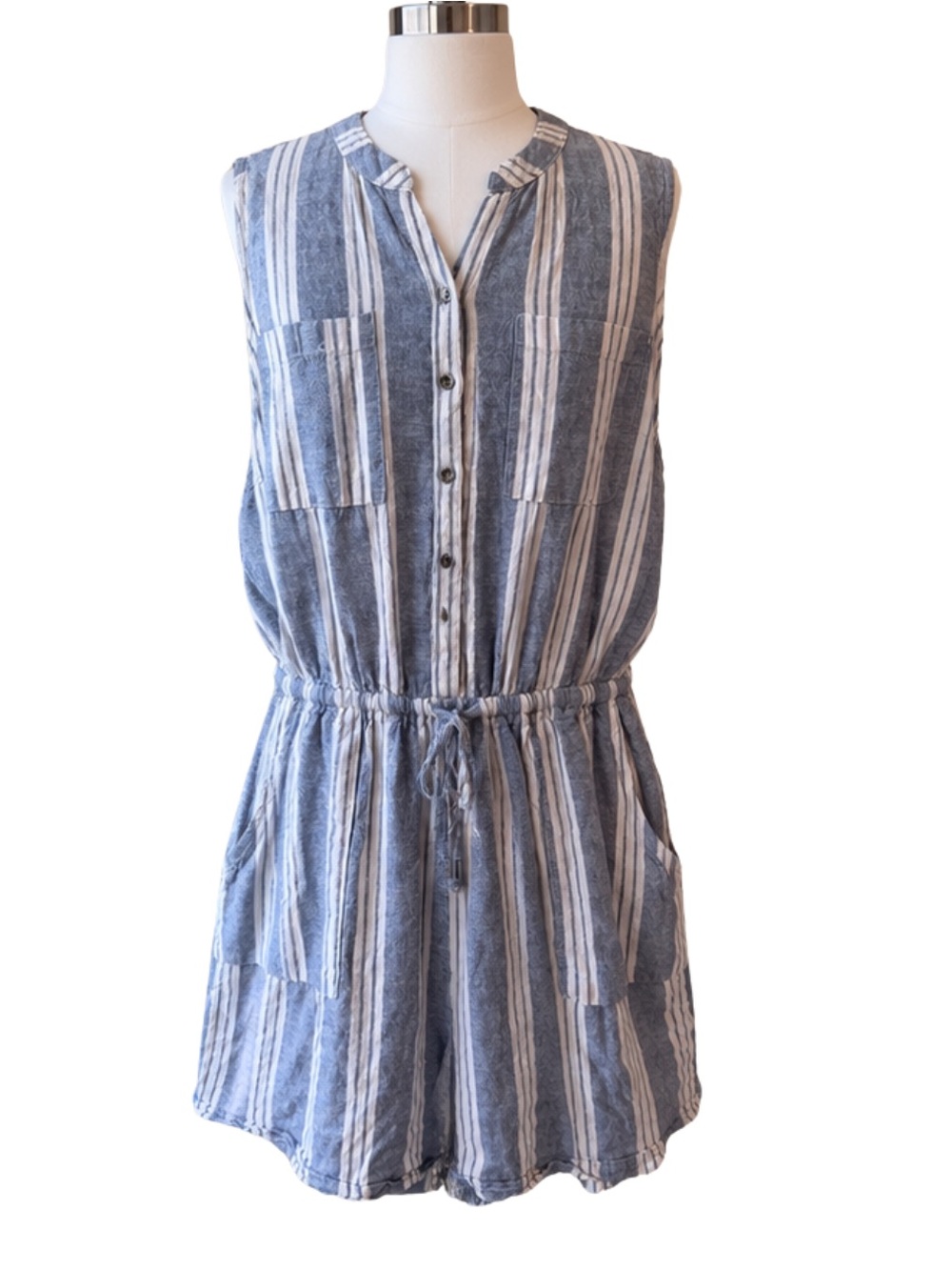 KELLY RENEE Sleeveless Blue & White Striped Linen Romper Size XL